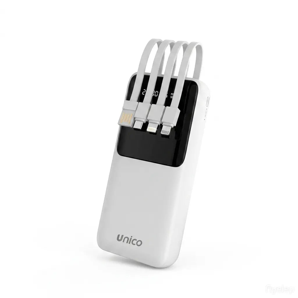 Power bank bianco da 20000mAh con cavi integrati estraibili USB, Type-C, Micro e Lightning - SUNTIMEMODA