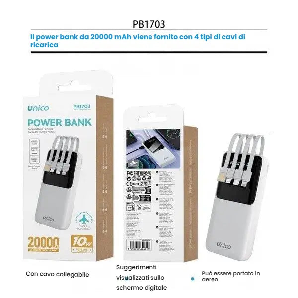 Confezione e power bank bianco da 20000mAh con 4 cavi integrati e display digitale - SUNTIMEMODA