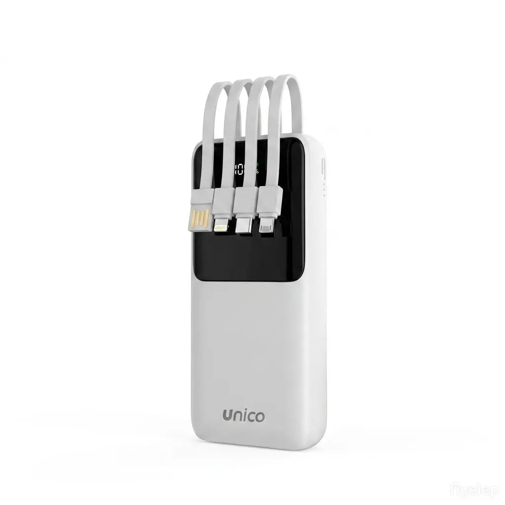 Vista frontale del power bank bianco con display digitale che mostra il livello della batteria - SUNTIMEMODA