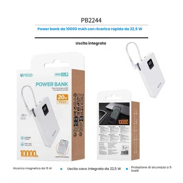 Confezione del power bank Unico PB2244 bianco da 10000mAh con cavo integrato e ricarica magnetica - SUNTIMEMODA