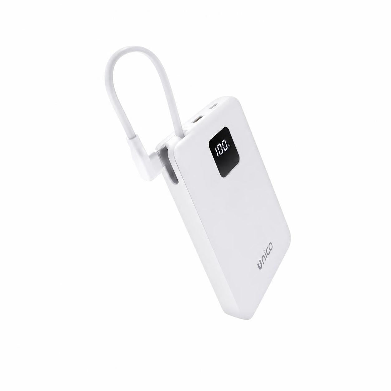 Power bank bianco da 10000mAh con display digitale e cavo integrato isolato su sfondo bianco - SUNTIMEMODA