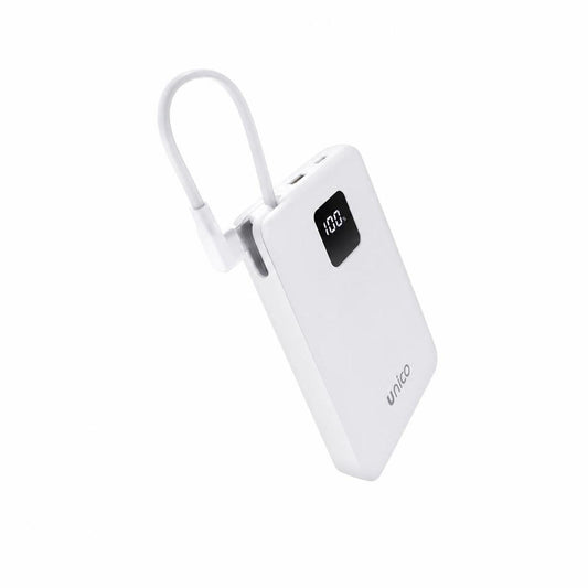 Power bank bianco da 10000mAh con display digitale e cavo integrato isolato su sfondo bianco - SUNTIMEMODA