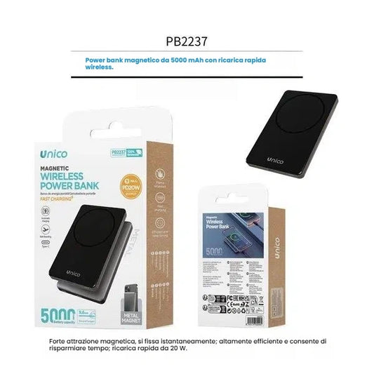 Confezione del power bank magnetico Unico PB2237 da 5000mAh nero con ricarica rapida wireless da 20W - SUNTIMEMODA