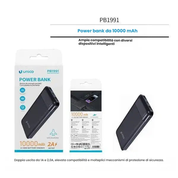 Confezione e power bank nero Unico PB1991 da 10000mAh con doppia uscita 1A e 2.0A - SUNTIMEMODA