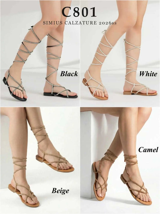 Sandali bassi da donna stringati con strass nei colori nero, bianco, beige e cammello - SUNTIMEMODA