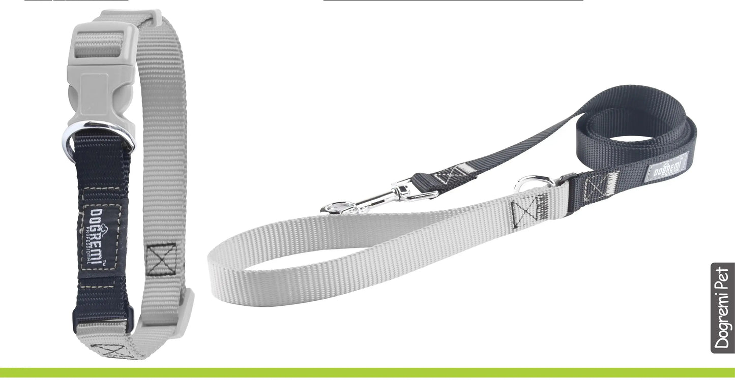 Vista piana del set collare e guinzaglio grigio larghezza 1.5cm per cani di piccola e media taglia - Suntime Moda