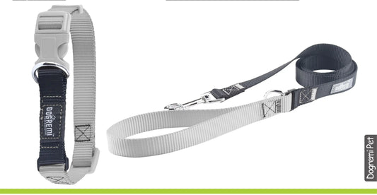 Vista piana del set collare e guinzaglio grigio larghezza 1.5cm per cani di piccola e media taglia - Suntime Moda
