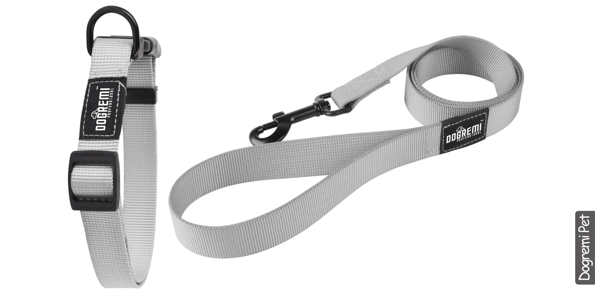 Vista piana del set collare e guinzaglio grigio larghezza 2.0cm robusto per cani grandi - Suntime Moda