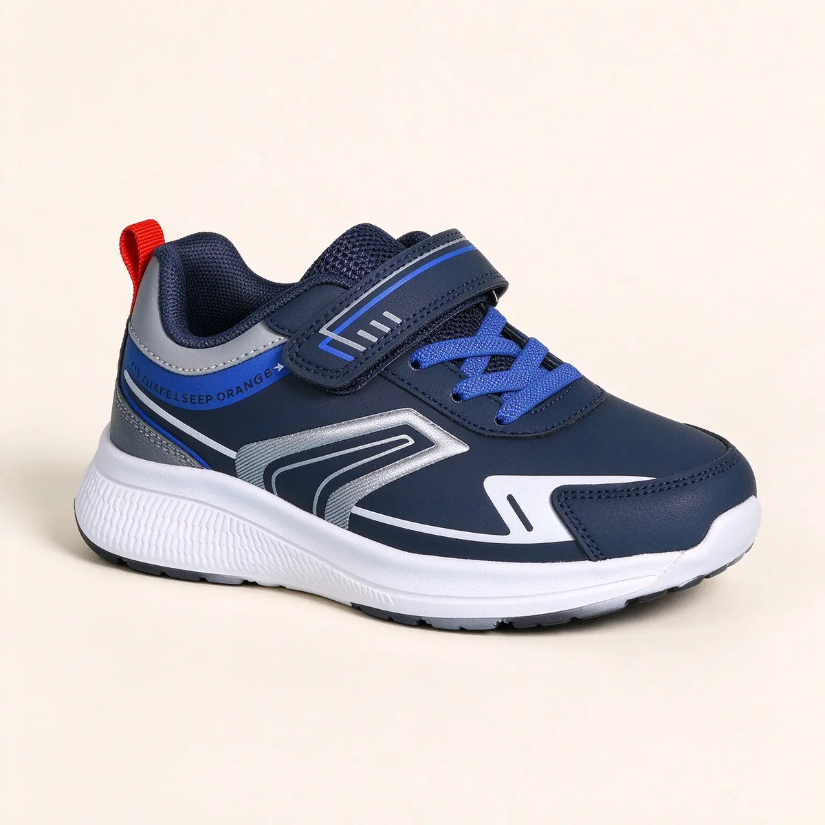 Sneakers per bambino blu navy con dettagli grigio argento, lacci elastici blu e pratica chiusura a strappo superiore - SUNTIMEMODA