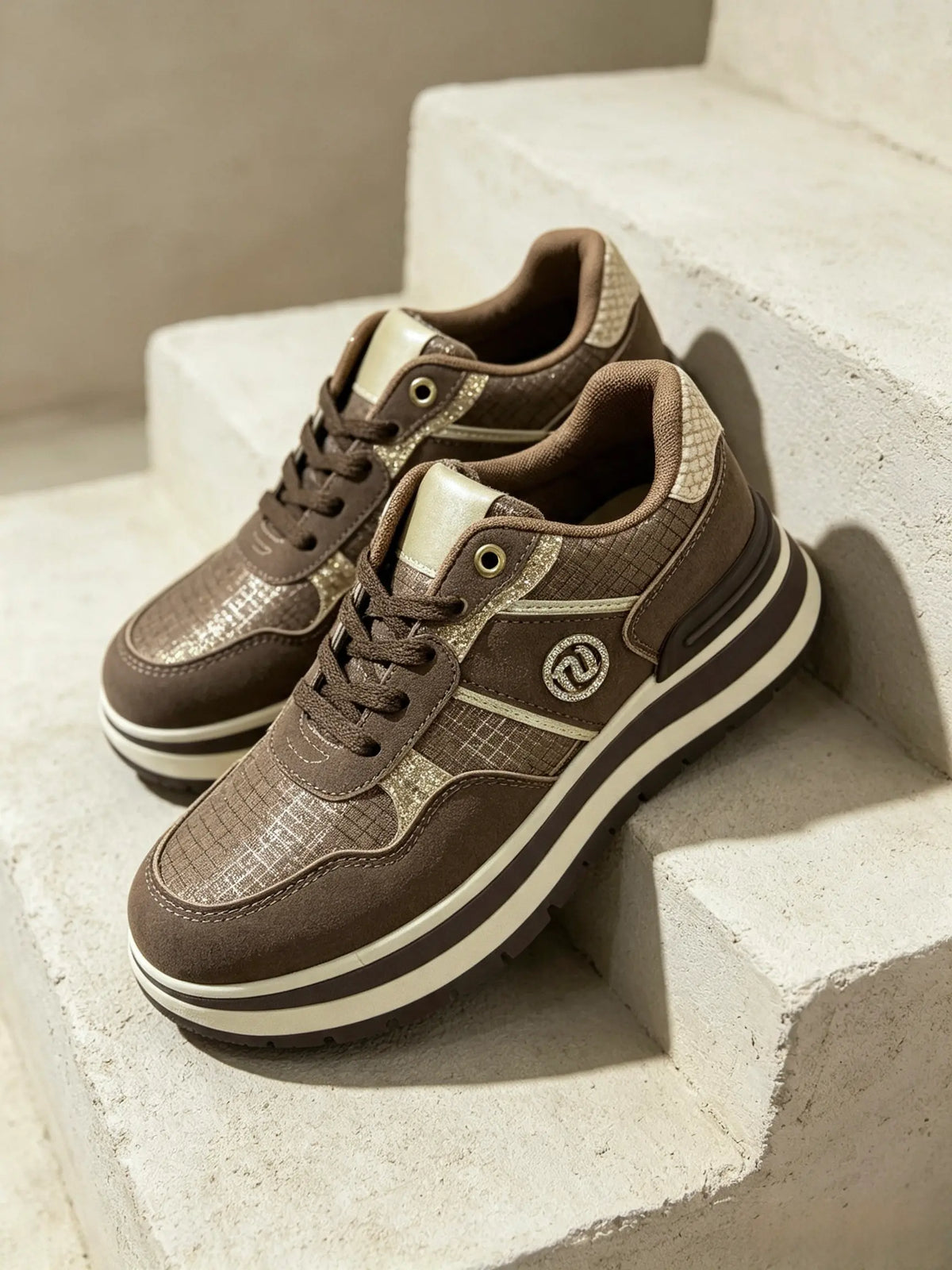 Sneakers chunky marroni da donna JOMIX con dettagli dorati e suola platform oversize a contrasto, fotografate su gradini in cemento - SUNTIMEMODA
