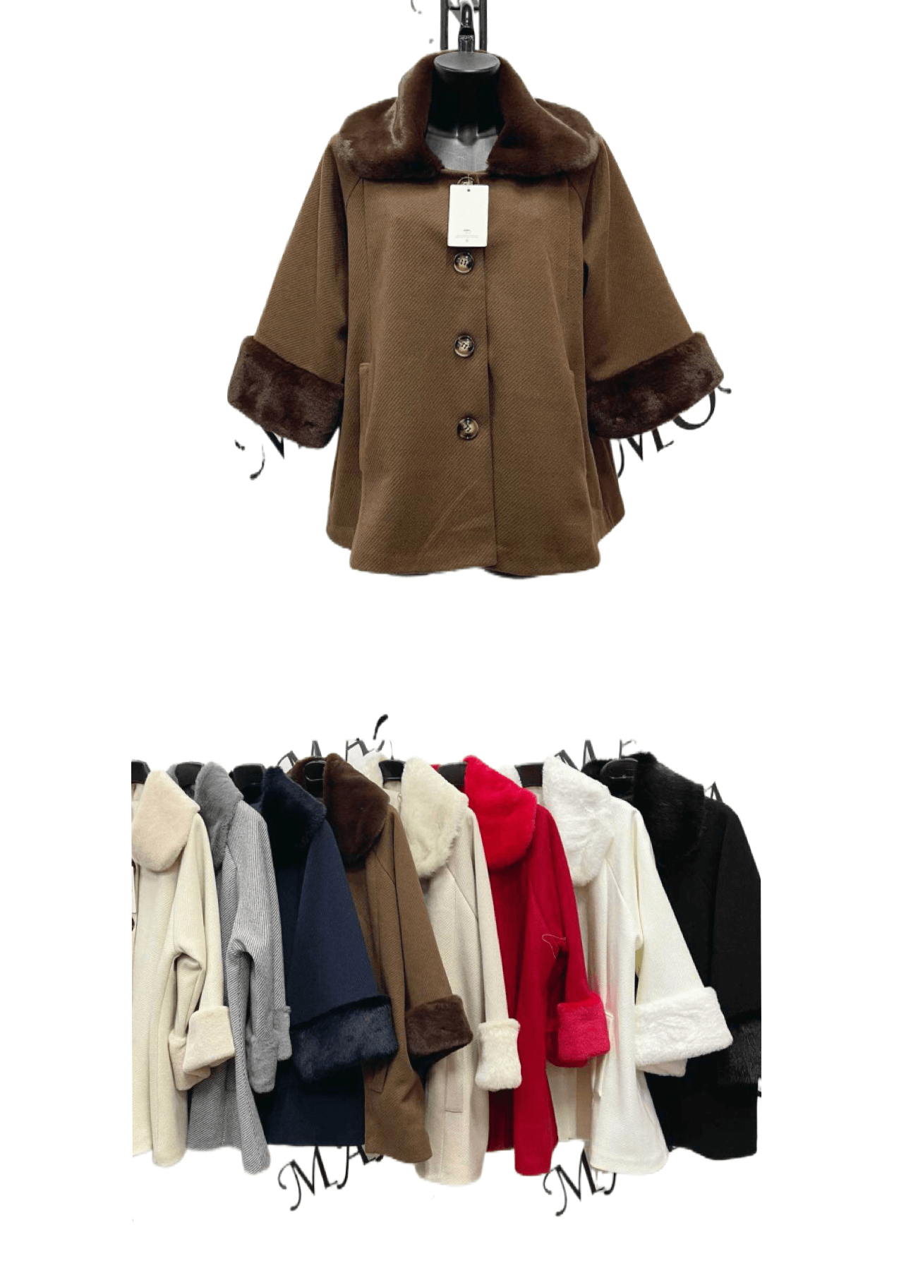  Cappotto donna elegante color cammello con collo e polsini in pelliccia ecologica marrone - SUNTIMEMODA