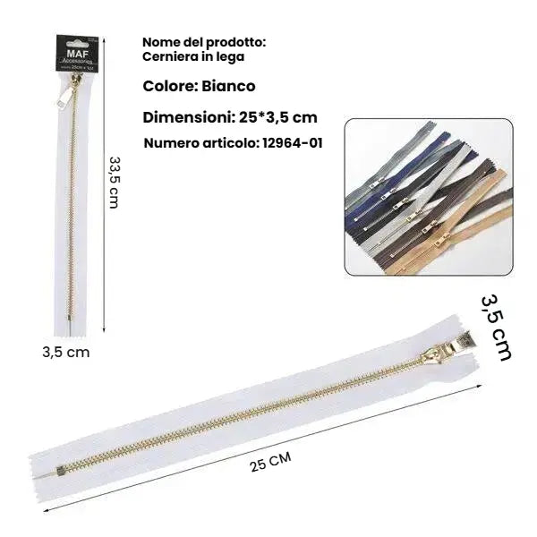 Cerniera bianca 25cm con denti metallici dorati per cucito creativo e artigianato - SUNTIMEMODA