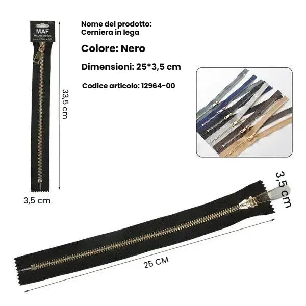 Cerniera in lega metallica nera 25cm resistente per pochette e borse medie - SUNTIMEMODA